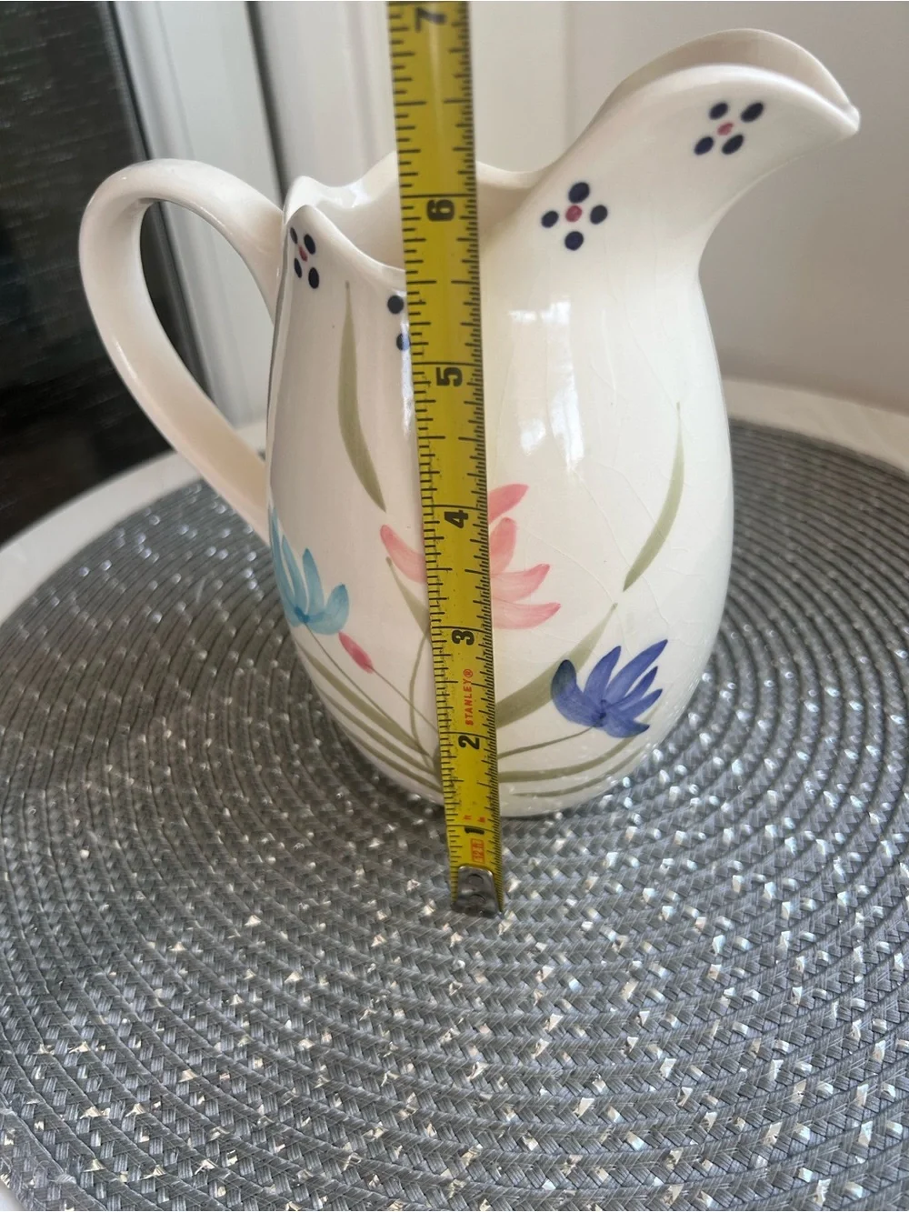 Vintage 1970s Roseville Pottery Floral Ceramic Pitcher Vase vessel W Handle